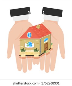 agente ofrece casa beige para la compra, la mantiene en mano
