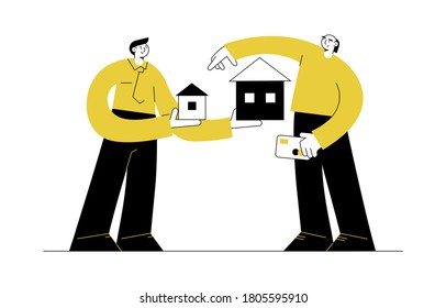 Agent offers residential cottage, rent agreement contract. Real estate mortgage concept tiny house, buy new house, hand holding credit card. Flat characters, property bank loan. Vector illustration