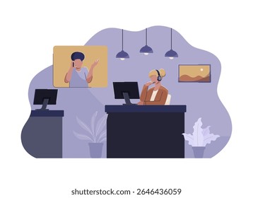 Agente en un entorno de oficina responde a una llamada de Cliente en vivo con burbujas de discurso por encima. Ilustración vectorial de Servicio al cliente