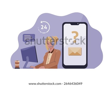 Agent on phone handling customer inquiries via a mobile service app. Customer service vector illustration