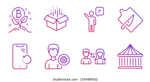Agent, People communication and Open box line icons set. Bitcoin project, Smartphone recovery and Cutting board signs. Support, Carousels symbols. Business person, People talking. Vector