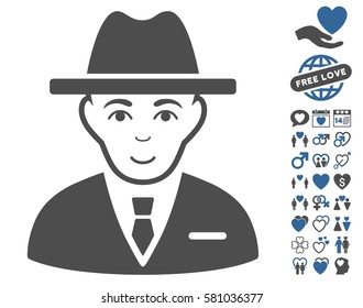 Agent pictograph with bonus valentine graphic icons. Vector illustration style is flat iconic cobalt and gray symbols on white background.