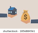 Agent of real estate holding in hand house. Buyer, customer gives money bag, deal sale, buying house.