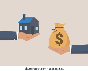 Agent of real estate holding in hand house. Buyer, customer gives money bag, deal sale, buying house.