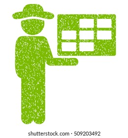 Agent Schedule grainy textured icon for overlay watermark stamps. Flat symbol with scratched texture. Dotted vector eco green ink rubber seal stamp with grunge design on a white background.
