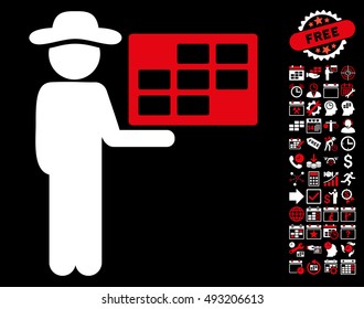 Agent Schedule icon with bonus calendar and time management images. Vector illustration style is flat iconic bicolor symbols, red and white colors, black background.