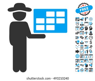 Agent Schedule icon with bonus calendar and time management pictograph collection. Vector illustration style is flat iconic bicolor symbols, blue and gray colors, white background.