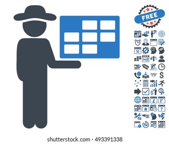 Agent Schedule icon with bonus calendar and time management design elements. Vector illustration style is flat iconic bicolor symbols, smooth blue colors, white background.