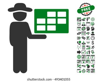 Agent Schedule icon with bonus calendar and time management clip art. Vector illustration style is flat iconic bicolor symbols, green and gray colors, white background.