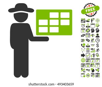 Agent Schedule icon with bonus calendar and time management symbols. Vector illustration style is flat iconic bicolor symbols, eco green and gray colors, white background.