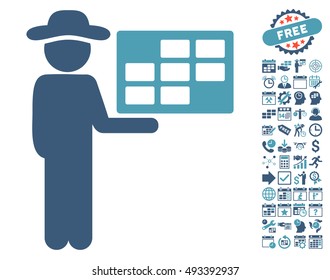 Agent Schedule pictograph with bonus calendar and time management graphic icons. Vector illustration style is flat iconic bicolor symbols, cyan and blue colors, white background.