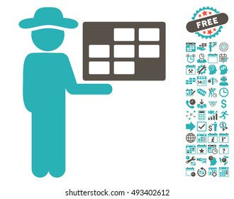 Agent Schedule pictograph with bonus calendar and time management pictograph collection. Vector illustration style is flat iconic bicolor symbols, grey and cyan colors, white background.