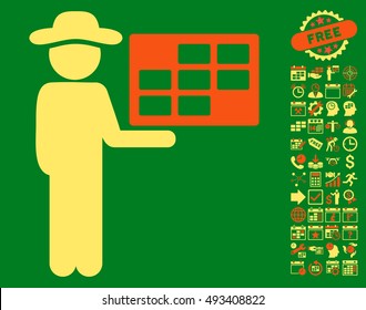 Agent Schedule pictograph with bonus calendar and time management design elements. Vector illustration style is flat iconic bicolor symbols, orange and yellow colors, green background.