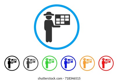 Agent Schedule rounded icon. Style is a flat agent schedule grey symbol inside light blue circle with black, gray, green, blue, red, orange variants. Vector designed for web and software interfaces.