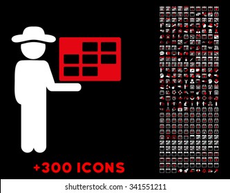 Agent Schedule vector pictogram with additional 300 date and time management icons. Style is bicolor flat symbols, red and white colors, rounded angles, black background.