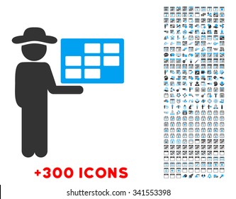 Agent Schedule vector pictogram with additional 300 date and time management icons. Style is bicolor flat symbols, blue and gray colors, rounded angles, white background.