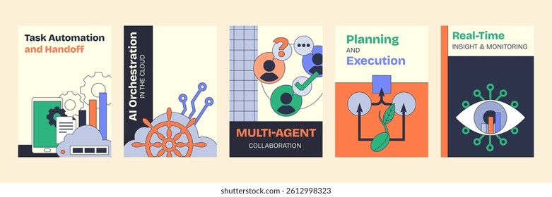 Agent as a Service focuses on AI orchestration with gears and charts, highlighting automation and collaboration. Neubrutalism style
