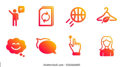 Agent, Smile chat and Talk bubble line icons set. Update document, Touchscreen gesture and Basketball signs. Slow fashion, Woman symbols. Business person, Happy face. Business set. Vector