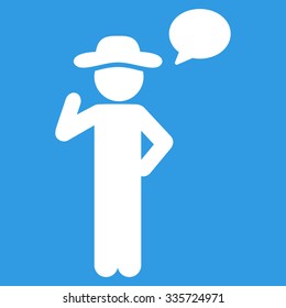 Agent Speech vector icon. Style is flat symbol, white color, rounded angles, blue background.
