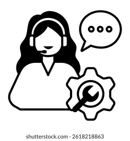 Agent with Technical Support. Female agent with gear symbol offering system support services