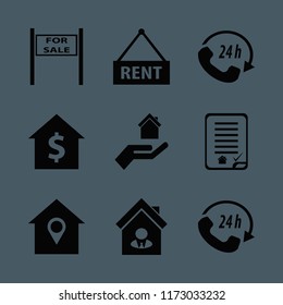 agent vector icons set. with sale sign, house seller, house rent and house buying contract in set