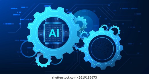 A IA agenciada, um microchip e o cérebro humano conectados a uma engrenagem, representa a colaboração entre a tecnologia de IA agenciada e os seres humanos, combinando inteligência com mecanismos inteligentes que impulsionam a inovação