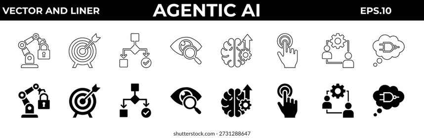 Conjunto de iconos de inteligencia artificial y automatización inteligente. Aprendizaje automático, robótica, diagrama de flujo de decisión y símbolos de Vector de red neuronal.