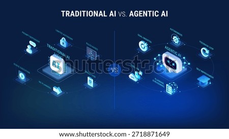 Agentic AI vs Traditional AI comparison - isometric modern vector infographic illustration