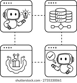 Agentic AI Workflow Diagram in Black and White, Autonomous AI Planning Memory Tools and Execution, vector concept