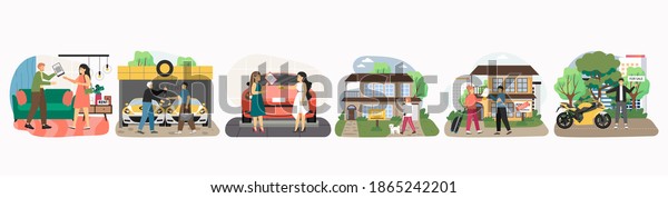 Agents, dealers and clients buying or renting\
new house, car, motorcycle, cartoon characters set, flat vector\
illustration. Car rental, home, property sale and purchase, real\
estate agency service.