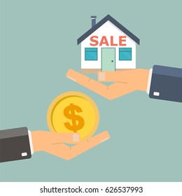 Agent's hand hold a house. Buying a house. Real estate and home for sale concept. Vector illustration. 