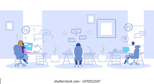 agents sitting at workplace desks call center support service communication concept operators team in headphones talking with customers modern office interior sketch doodle horizontal full length