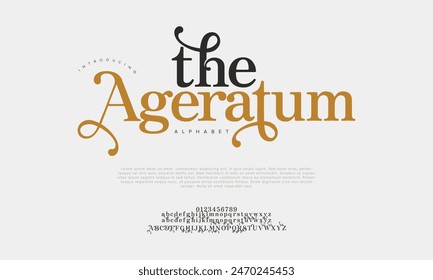 Letras y números de alfabeto elegantes y de lujo de Ageratum. tipografía de boda Antiguas classic serif font decorativo vintage retro. Ilustración vectorial creativa