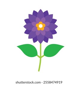 Ageratum violet flower vector .A simple vector illustration of a purple flower with layered petals, a green stem, and three oval-shaped green leaves. 
Common Garden Flowers