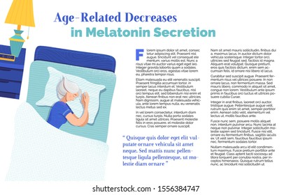 Age-related decreases in melatonin secretion banner template. Sleeping gray hair woman cartoon character. Healthy recommendation for senior people article. Magazine page with flat illustrations