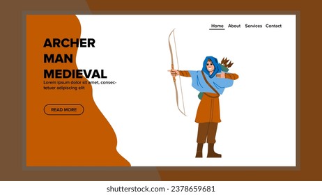 ages archer man medieval vector. y male, historical hood, arrow ranger ages archer man medieval web flat cartoon illustration