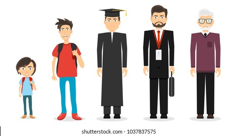 Ages Are Men. A Young Woman, A Teenager, A Student, A Mature Man, An Old Man. The Phases Of Growth Are Men. Flat Design, Vector Illustration, Vector.