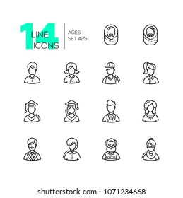 Ages - set of line design style icons isolated on white background. High quality black minimalistic pictograms with different people. Man, woman, boy, girl, babies, senior men