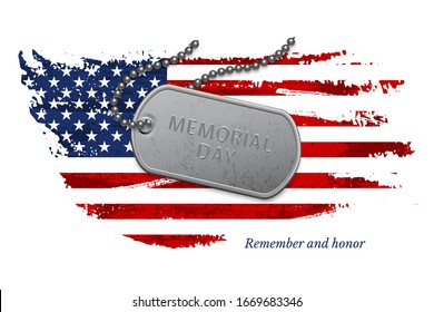 Age-worn US flag memorial with silver army military silver badge on metallic chain. Remember and honor, armed forces day design. Honoring all who served in Army USA. Vector flat illustration