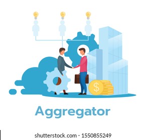 Aggregator flat vector illustration. Partnership. Service provider. E-commerce. Business model. Reselling services. Manager hiring. Reseller. Isolated cartoon character on white background