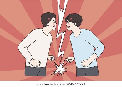 Aggression, fighting and conflict concept. Two young furious men staring each other as enemies shouting having conflict between two workers vector illustration 