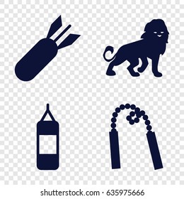 Aggression icons set. set of 4 aggression filled icons such as lion, rocket bomb, chain weapon