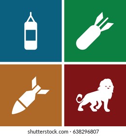 Aggression icons set. set of 4 aggression filled icons such as lion, rocket bomb