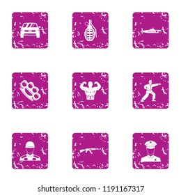 Aggression icons set. Grunge set of 9 aggression vector icons for web isolated on white background