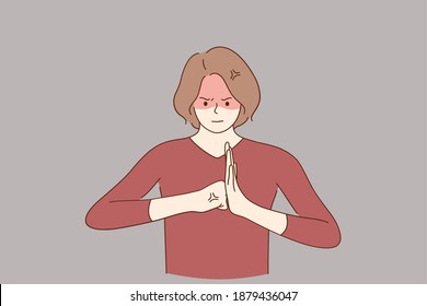 Aggression, negative emotions and lifestyle concept. Young angry woman cartoon character standing and showing fists forming wall like fighting at camera vector illustration 