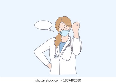 Aggression and rage concept. Young angry doctor in uniform and medical protective mask feeling mad frustrated furious and raising fist with anger vector illustration 