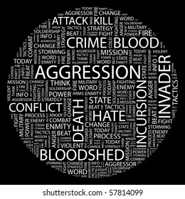 AGGRESSION. Word collage on black background. Illustration with different association terms.