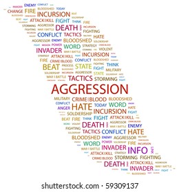 AGGRESSION. Word collage on white background. Illustration with different association terms.