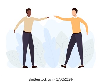 Aggressive african and european people yell at each other. Two angry men with arguing emotions. Business people character vector isolated on white. Racial discrimination concept.