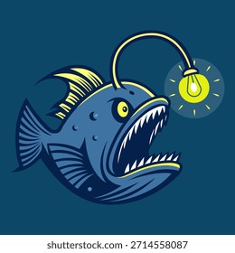 Aggressive Anglerfish Mascot Logo Vector Illustration. Deep sea monster fish with glowing lure, perfect for e-sport gaming team emblem, t-shirt design, or fishing brand identity